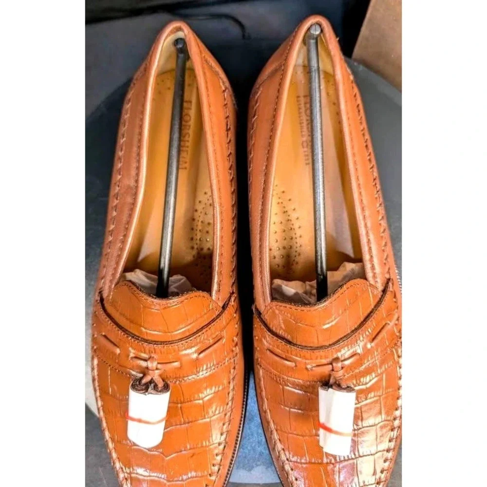 NIB~Florsheim Pisa 18469 Cognac Leather Croc Print Tassel Loafers~Men's Size 8 D